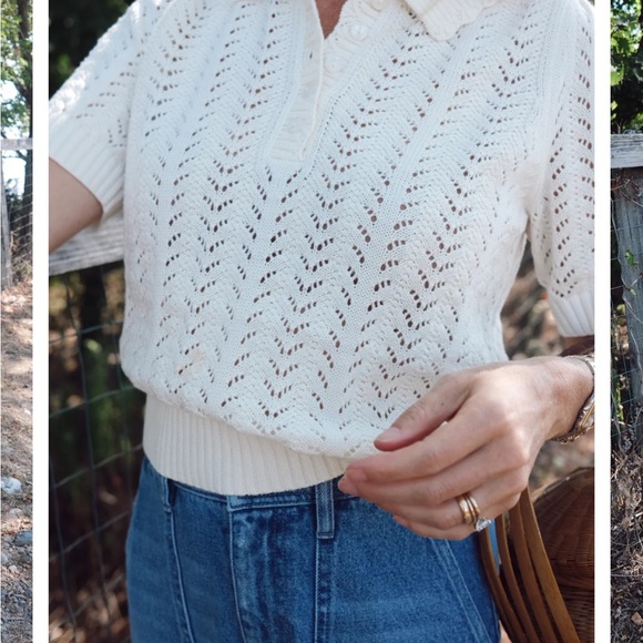 Marea by Liz Joy POINTELLE SHORT SLEEVE POLO - IVORY - Picture 2 of 7